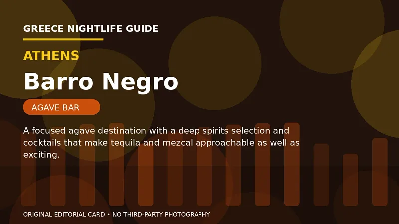 Original editorial nightlife card for Barro Negro in Athens.