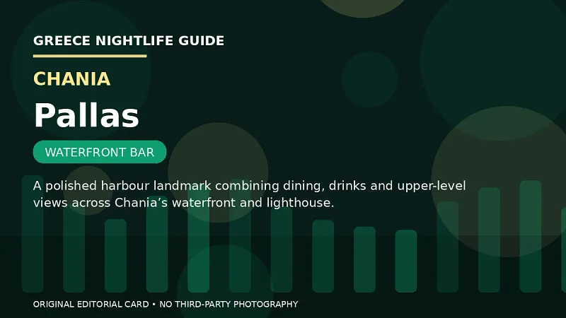 Original editorial nightlife card for Pallas in Chania.