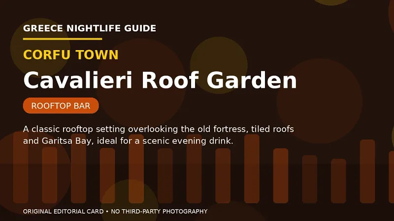 Original editorial nightlife card for Cavalieri Roof Garden in Corfu Town.