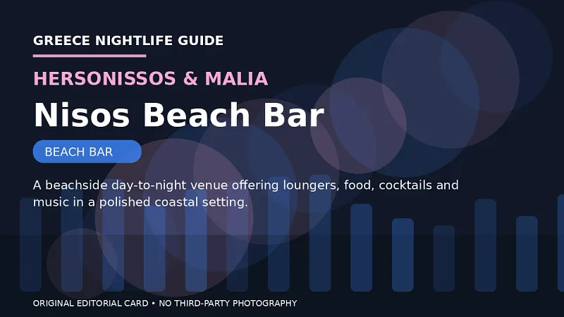 Original editorial nightlife card for Nisos Beach Bar in Hersonissos & Malia.
