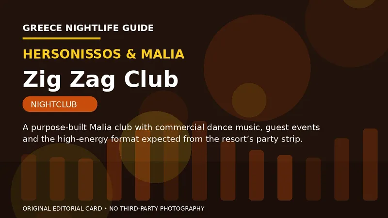 Original editorial nightlife card for Zig Zag Club in Hersonissos & Malia.