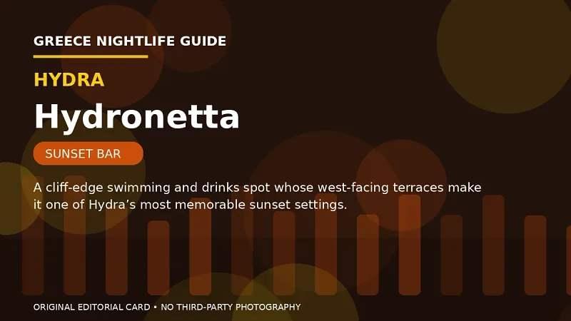 Original editorial nightlife card for Hydronetta in Hydra.