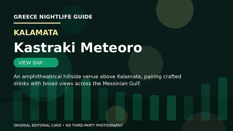 Original editorial nightlife card for Kastraki Meteoro in Kalamata.