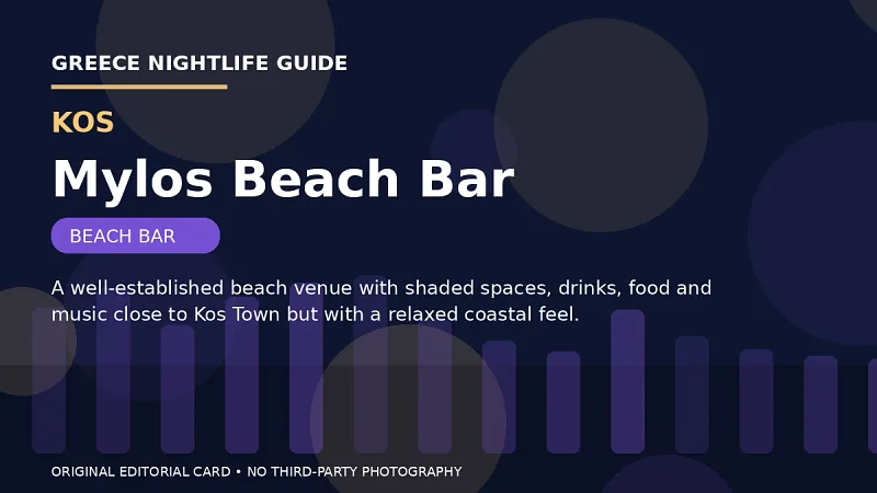 Original editorial nightlife card for Mylos Beach Bar in Kos.