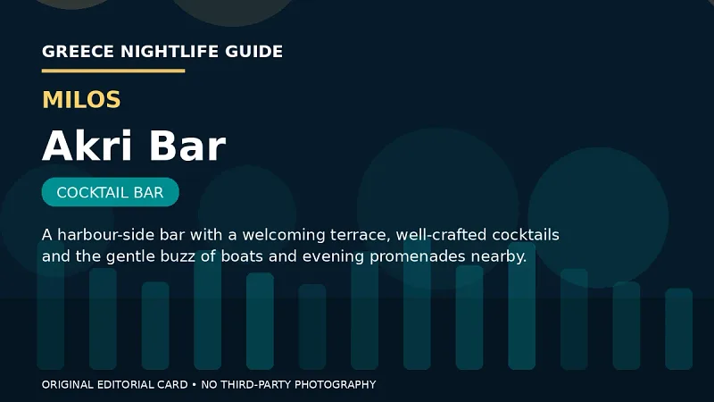 Original editorial nightlife card for Akri Bar in Milos.