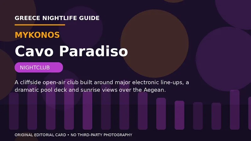 Original editorial nightlife card for Cavo Paradiso in Mykonos.