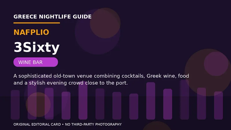 Original editorial nightlife card for 3Sixty in Nafplio.