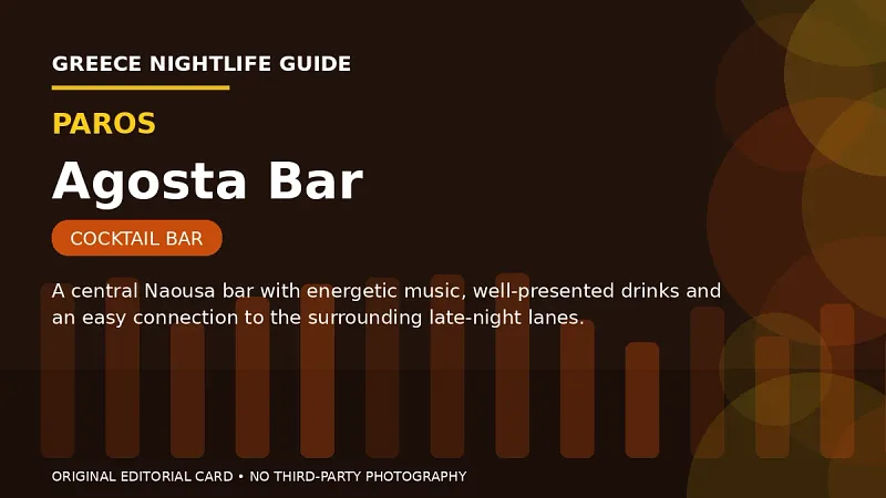Original editorial nightlife card for Agosta Bar in Paros.