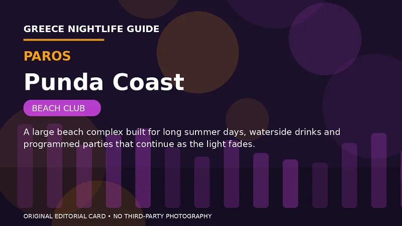 Original editorial nightlife card for Punda Coast in Paros.