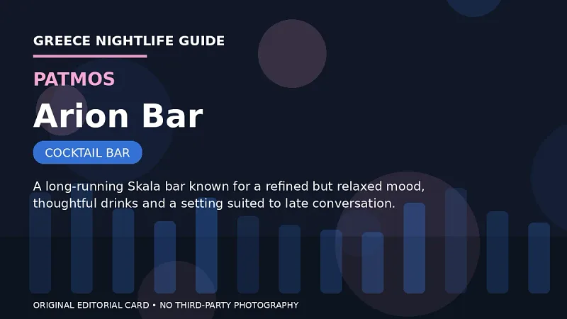 Original editorial nightlife card for Arion Bar in Patmos.