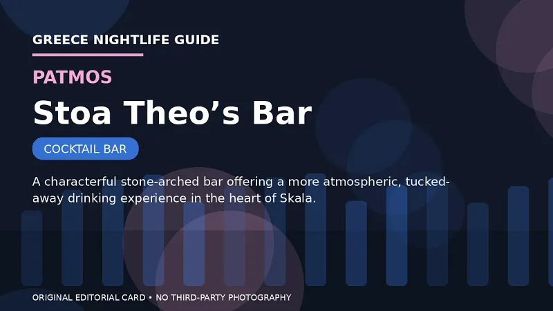 Original editorial nightlife card for Stoa Theo’s Bar in Patmos.
