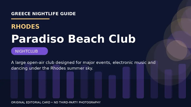 Original editorial nightlife card for Paradiso Beach Club in Rhodes.