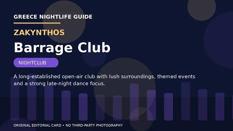 Original editorial nightlife card for Barrage Club in Zakynthos.