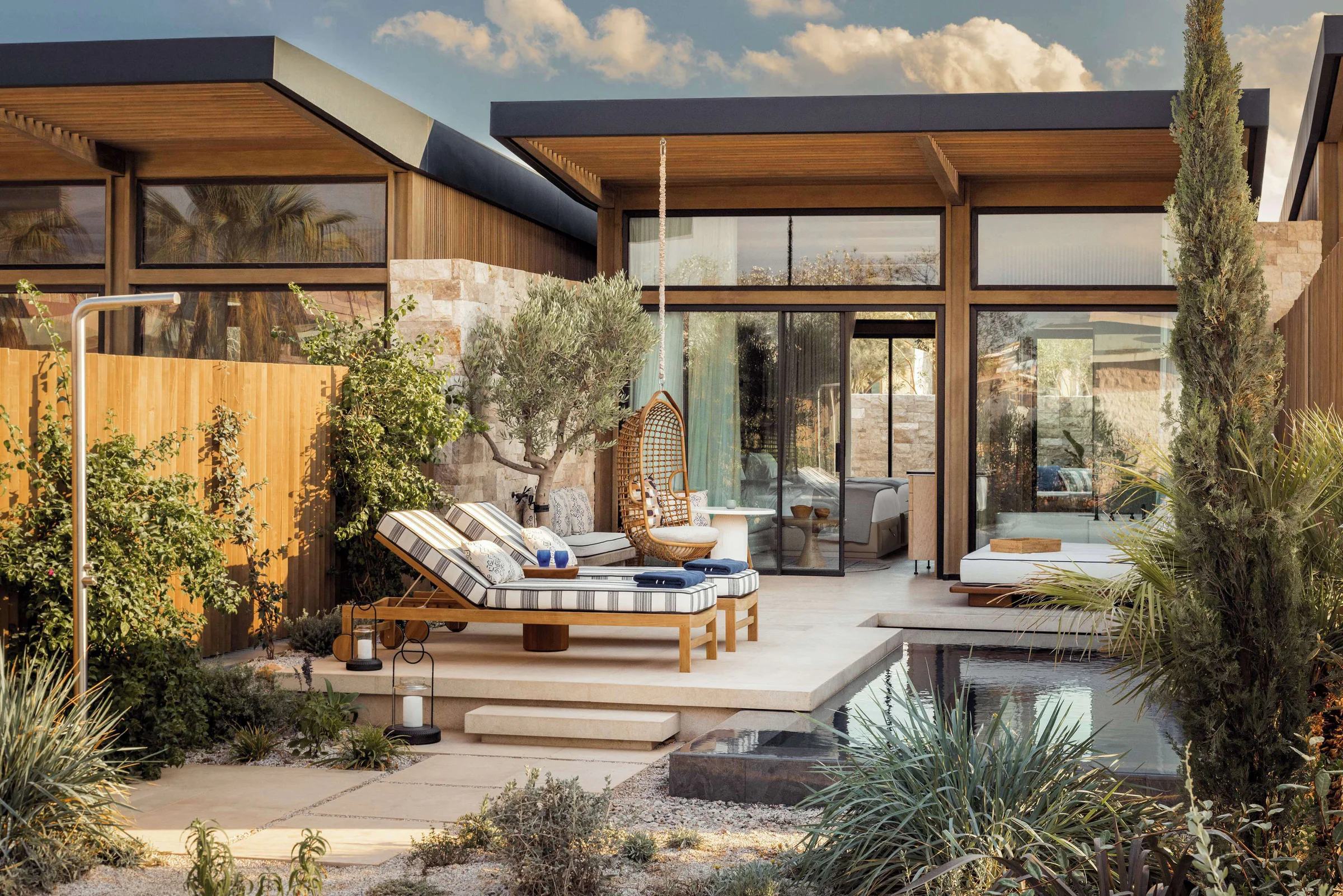 Private bungalow terrace with a plunge pool and Mediterranean planting