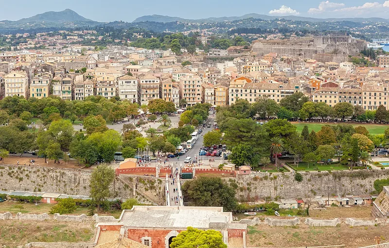 The lanes and historic architecture of Corfu Town near The Venetian Well