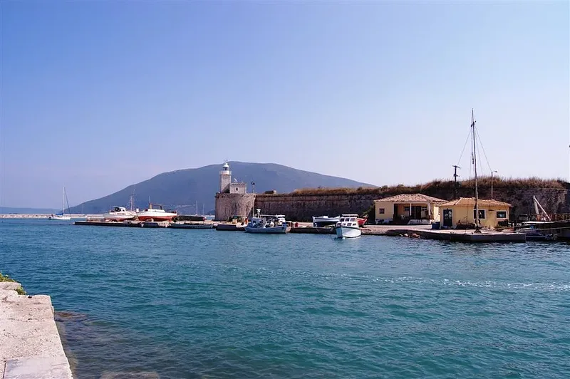 Pine-covered hills and the lagoon coast below Faneromeni Monastery on Lefkada
